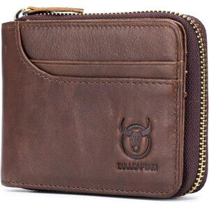 🆕Men Brown Leather RFID Blocking Zipper Bifold Wallet Multi Card Holder Vintage